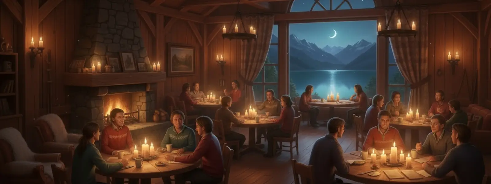 Une salle d'auberge éclairée à la bougie, pleine de monde